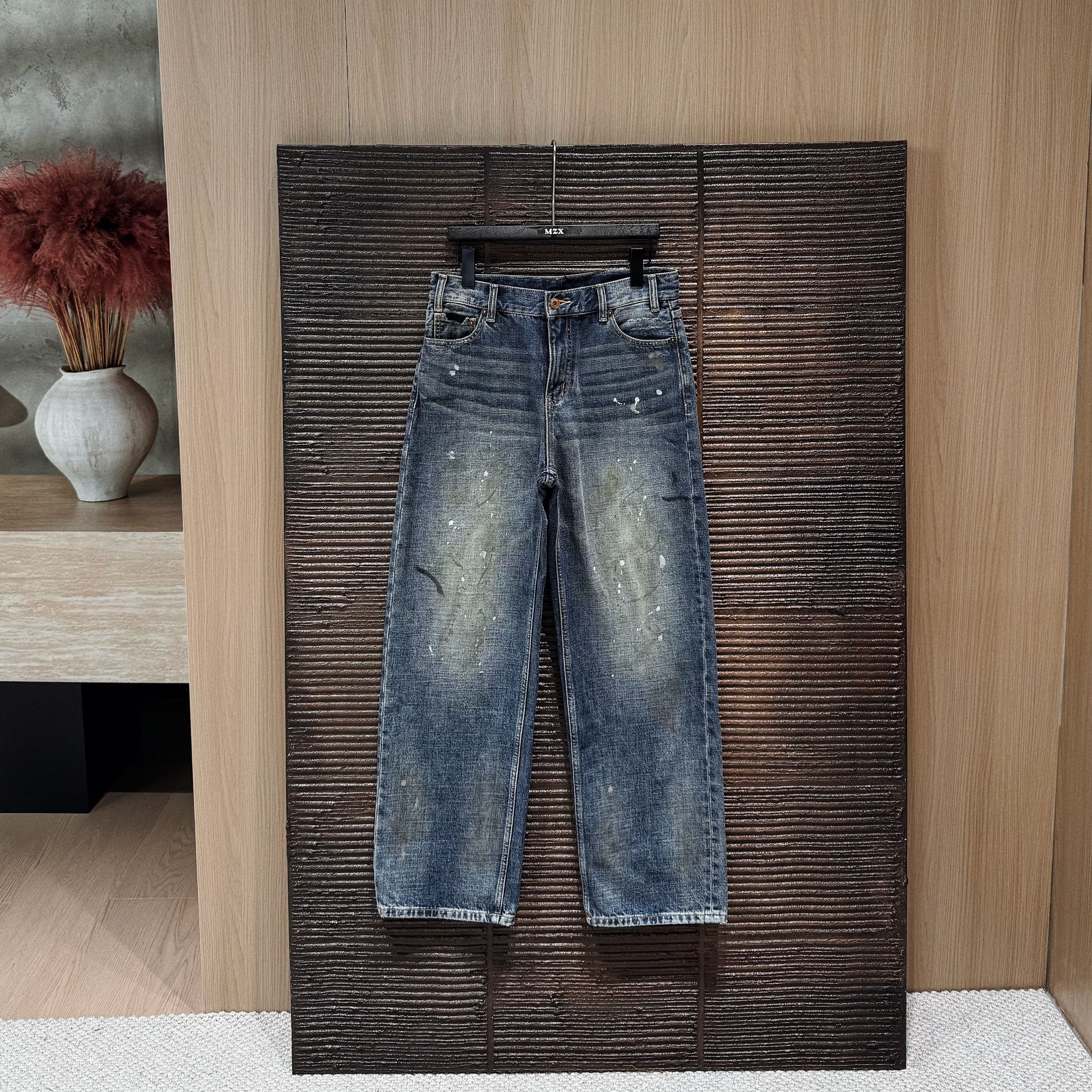 MZX泼墨水洗美式复古宽松直筒阔腿内里抓毛牛仔裤裤子KZ5169-M