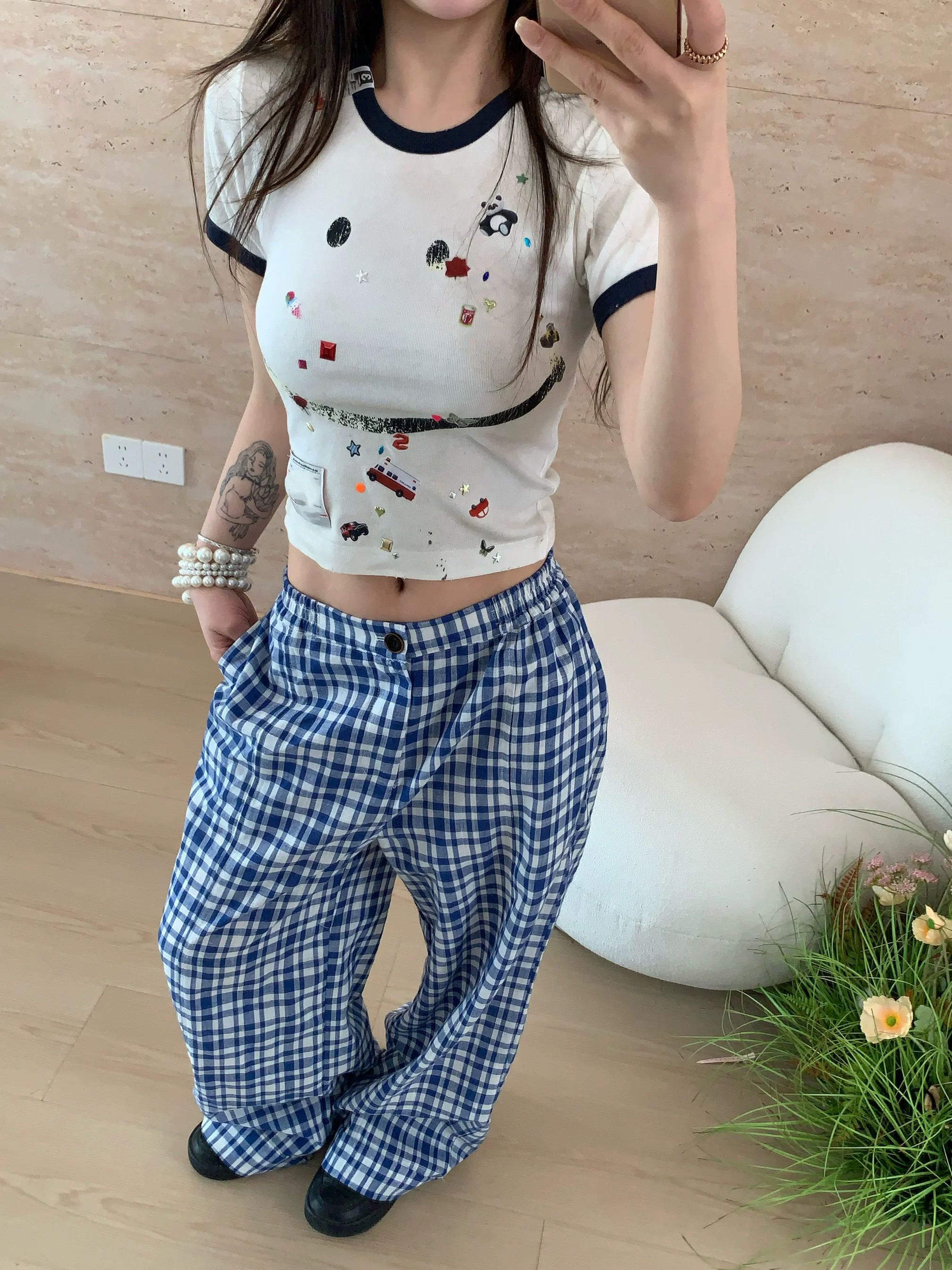 宽松亚麻短句复古蓝白格纹系带纸袋慵懒风休闲阔腿裤女