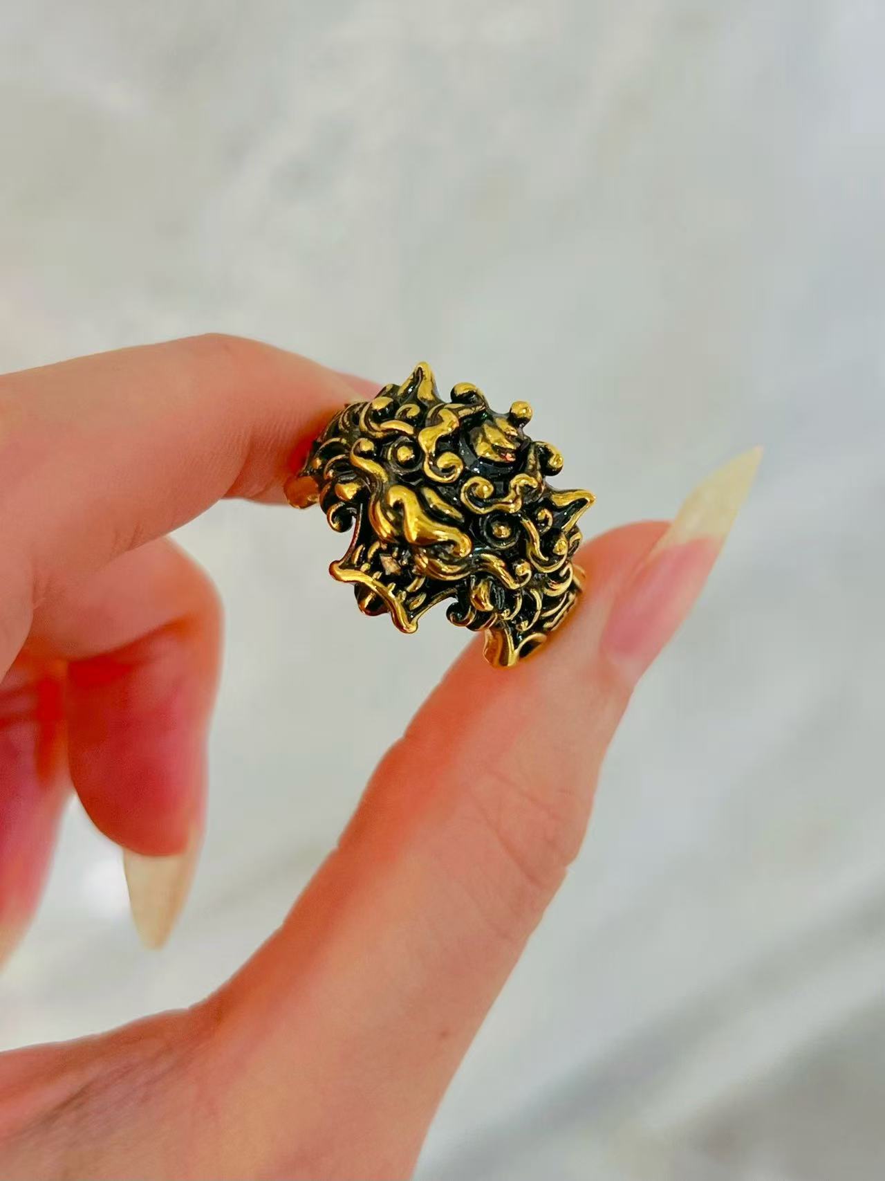 足金999 貔貅黄金戒指 复古时尚电黑工艺 