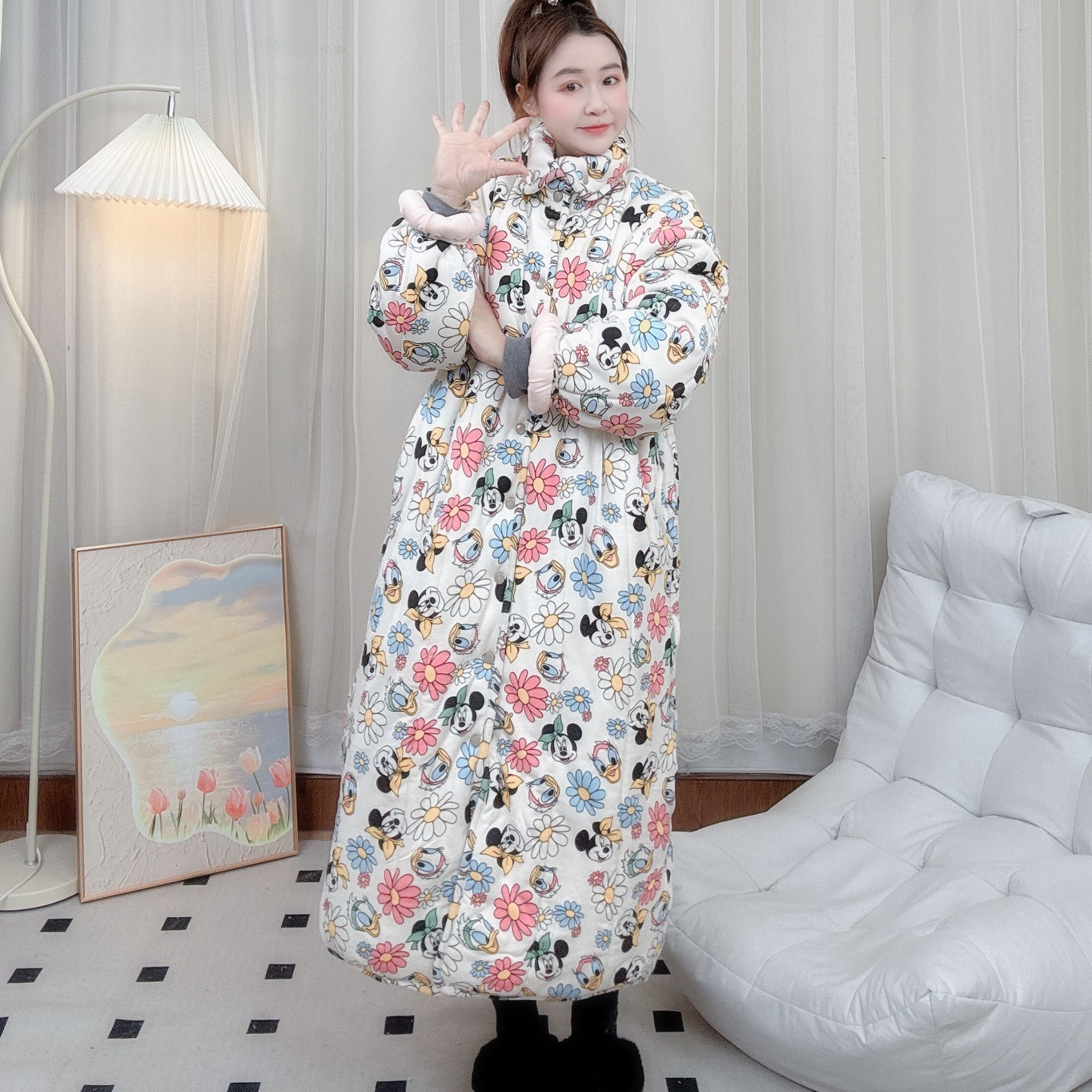 SANYUE新疆棉棉花【花朵米奇立领长款】宽松家居服保暖棉服