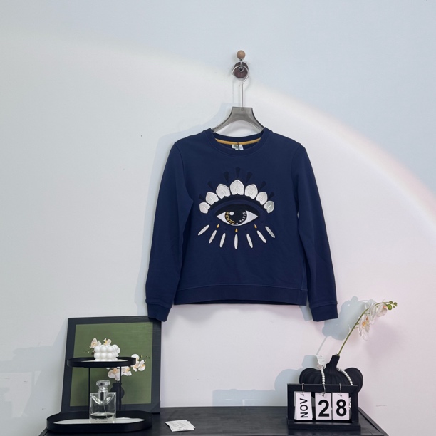 95新 KENZO/肯佐 大眼刺绣圆领卫衣深蓝色 M码
