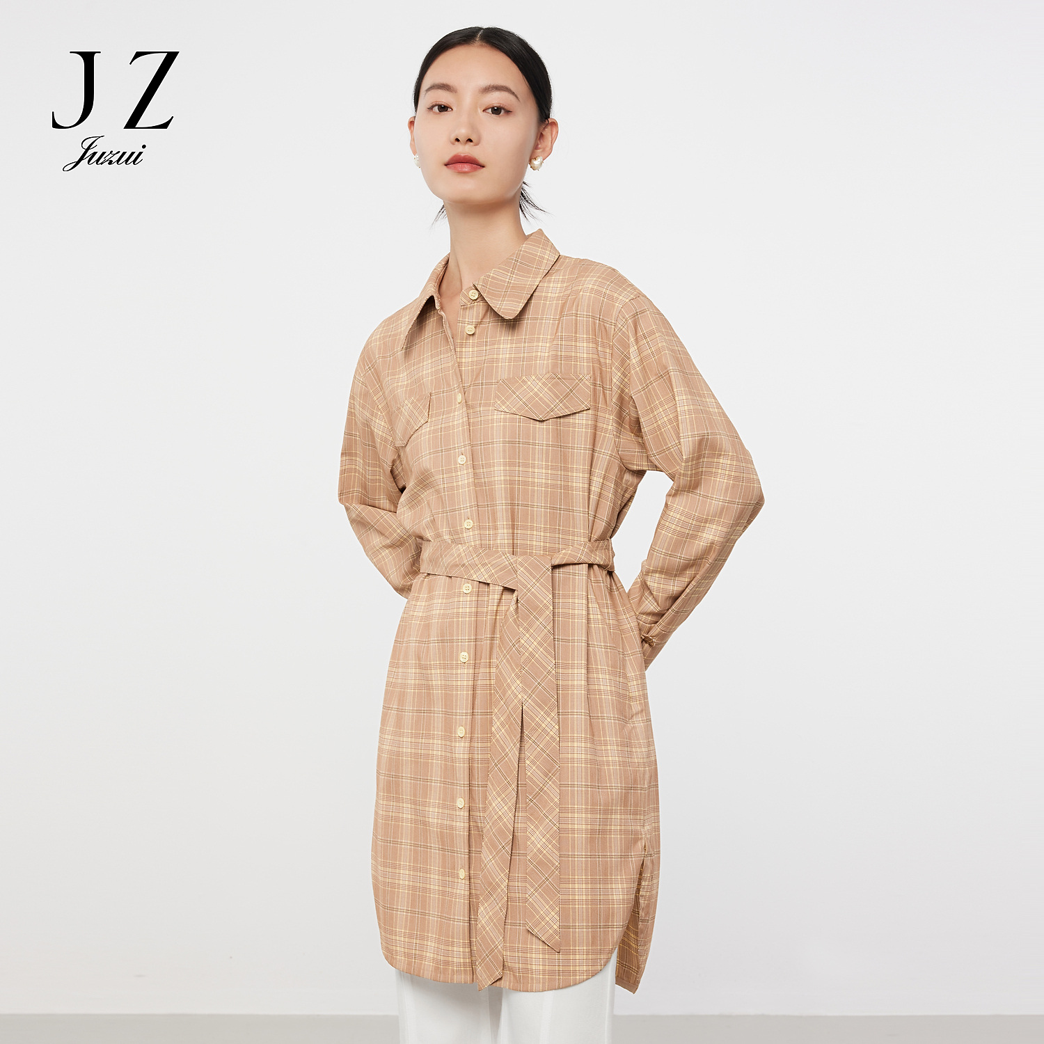 【籽言专属】JZ玖姿JWCC60107英伦风衬衫女装格子开衩外套