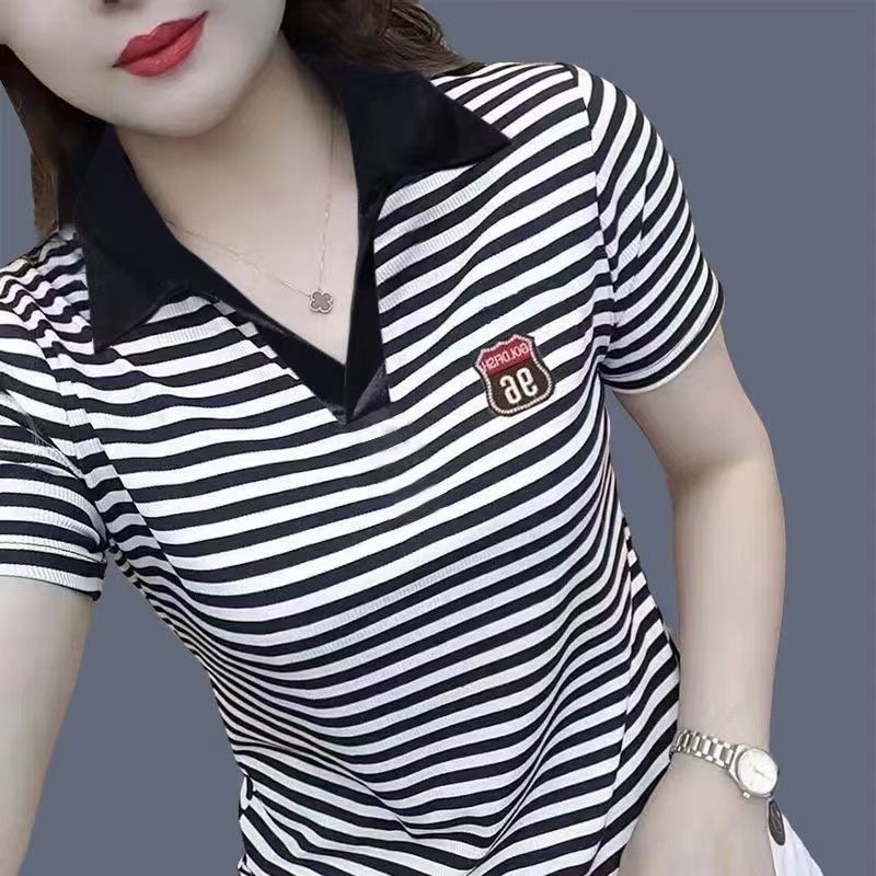 翻领短袖T恤女条纹夏季新款立领中年妈妈装时尚气质减龄大码上衣