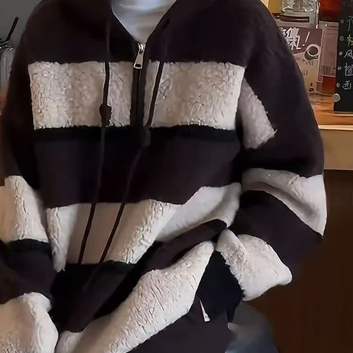 冬季高级感条纹撞色设计连帽衫2025新款加厚宽松慵懒百搭毛衣6929