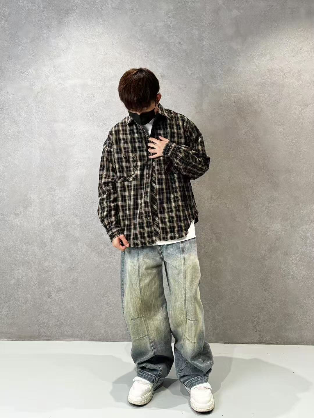 衬衣外套休闲衬衫男士长袖复古宽松格子格纹百搭春季潮流街头