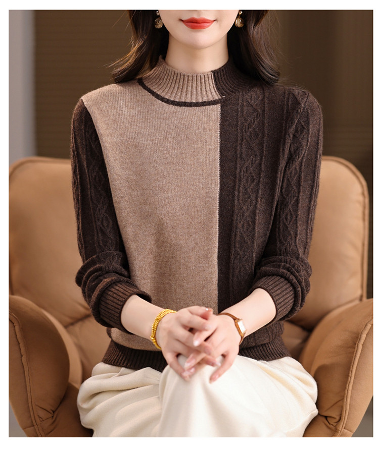 时尚长袖毛针织衫冬季内搭拼色加厚女毛衣上衣气质毛衣宽松百搭