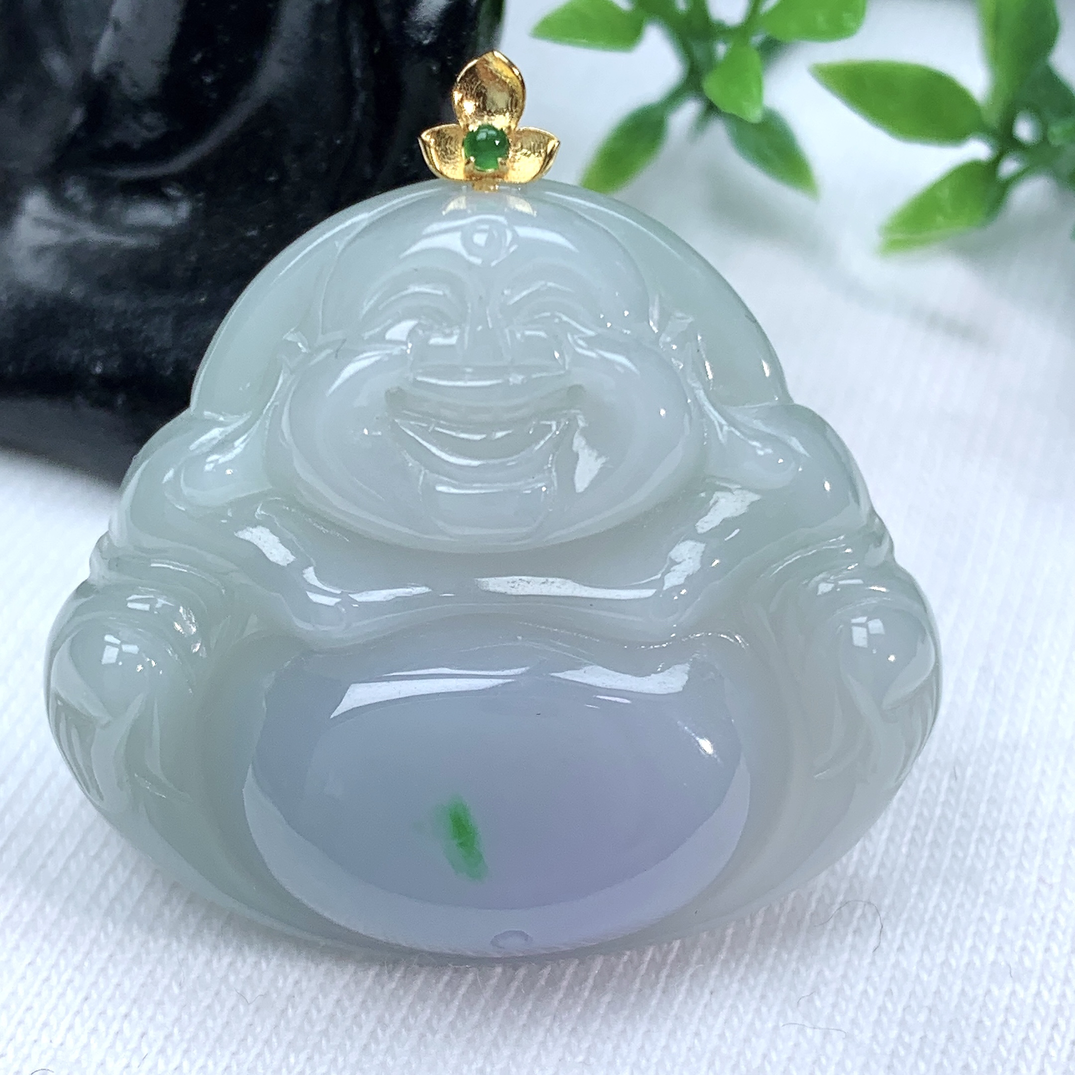 天然缅甸翡翠A货冰润紫罗兰飘绿玉佛公吊坠含扣32−31.7−6.3mm