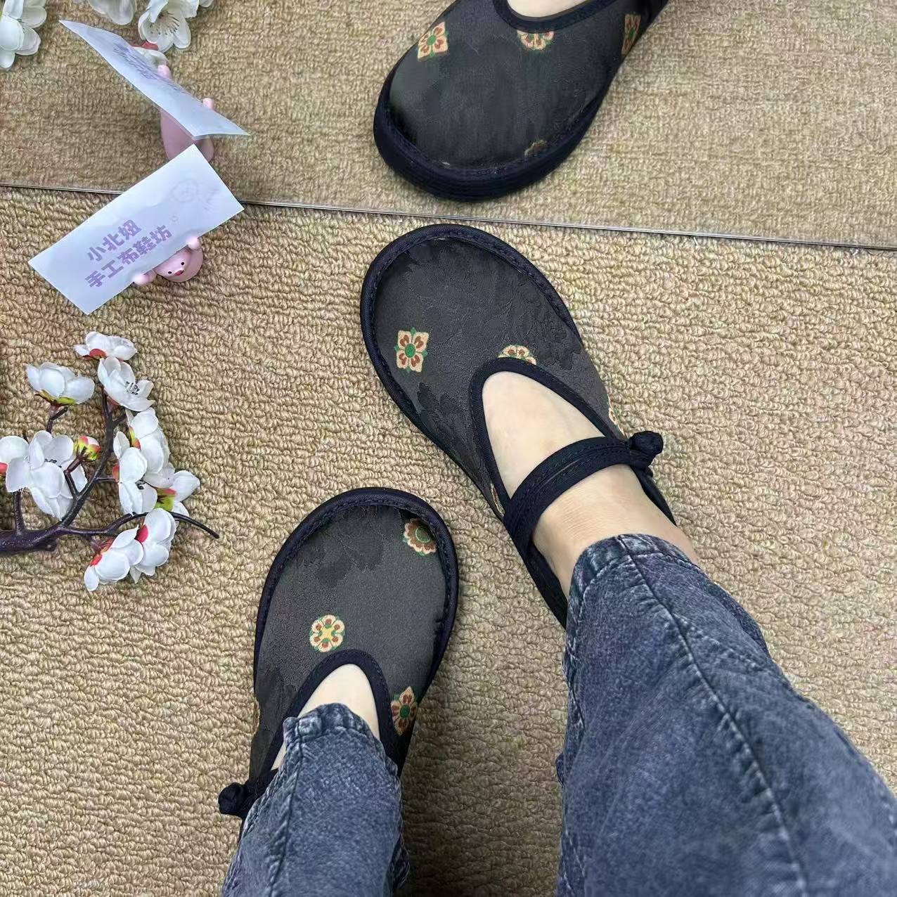 小北妞千层底墨上花诏盘扣休闲透气软底布鞋女单鞋