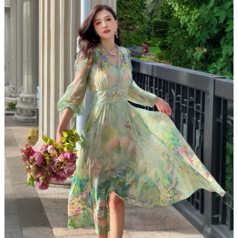【莫奈油画-瑶瑶】重磅100桑蚕丝连衣裙HFMG24613