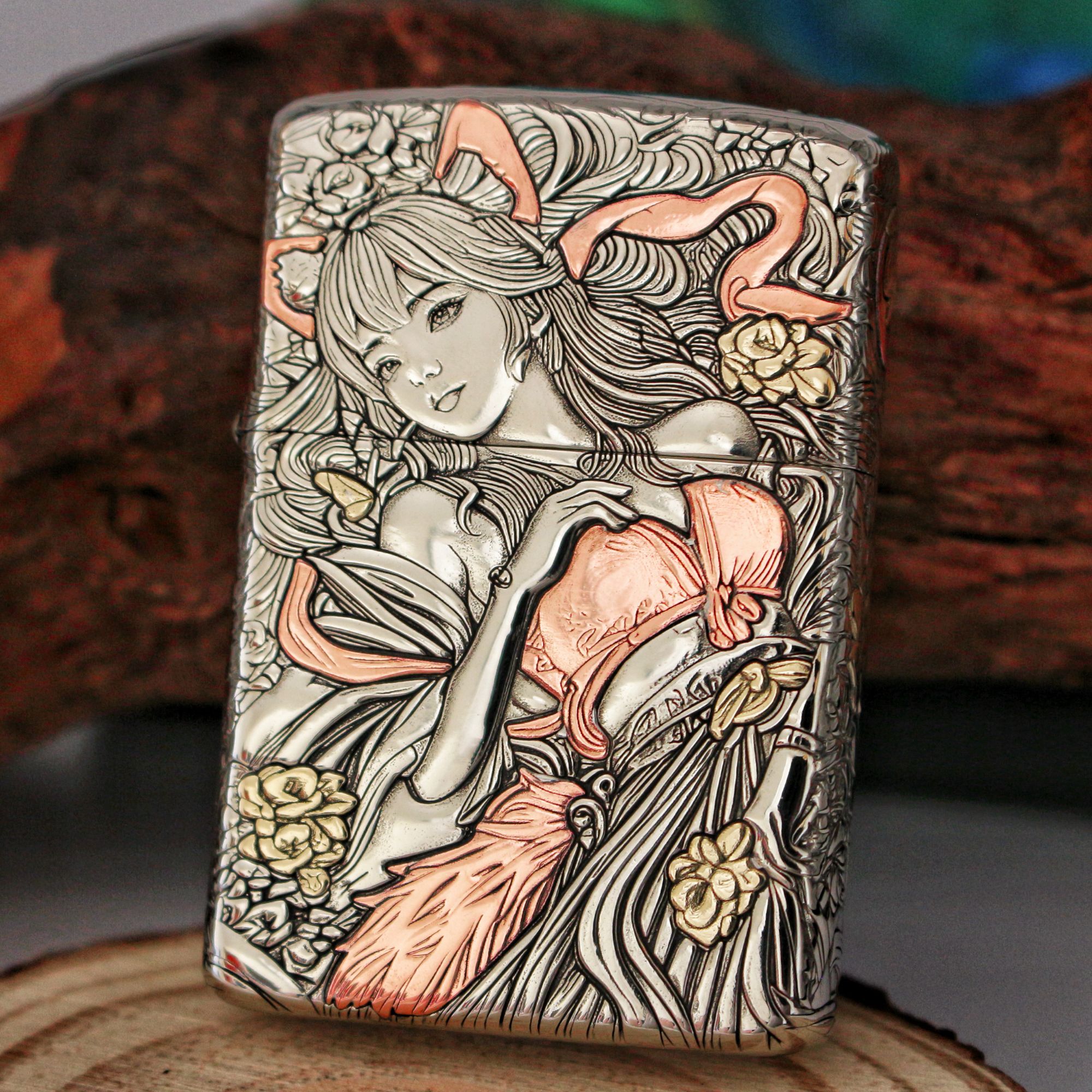 二代佐罗煤油防风打火机砂轮涂山九尾砂轮五面浮雕3d立体美女白铜