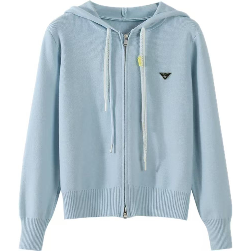 秋新款纯色双拉链连帽针织开衫女抽绳蕾丝设计感显瘦百搭毛衣