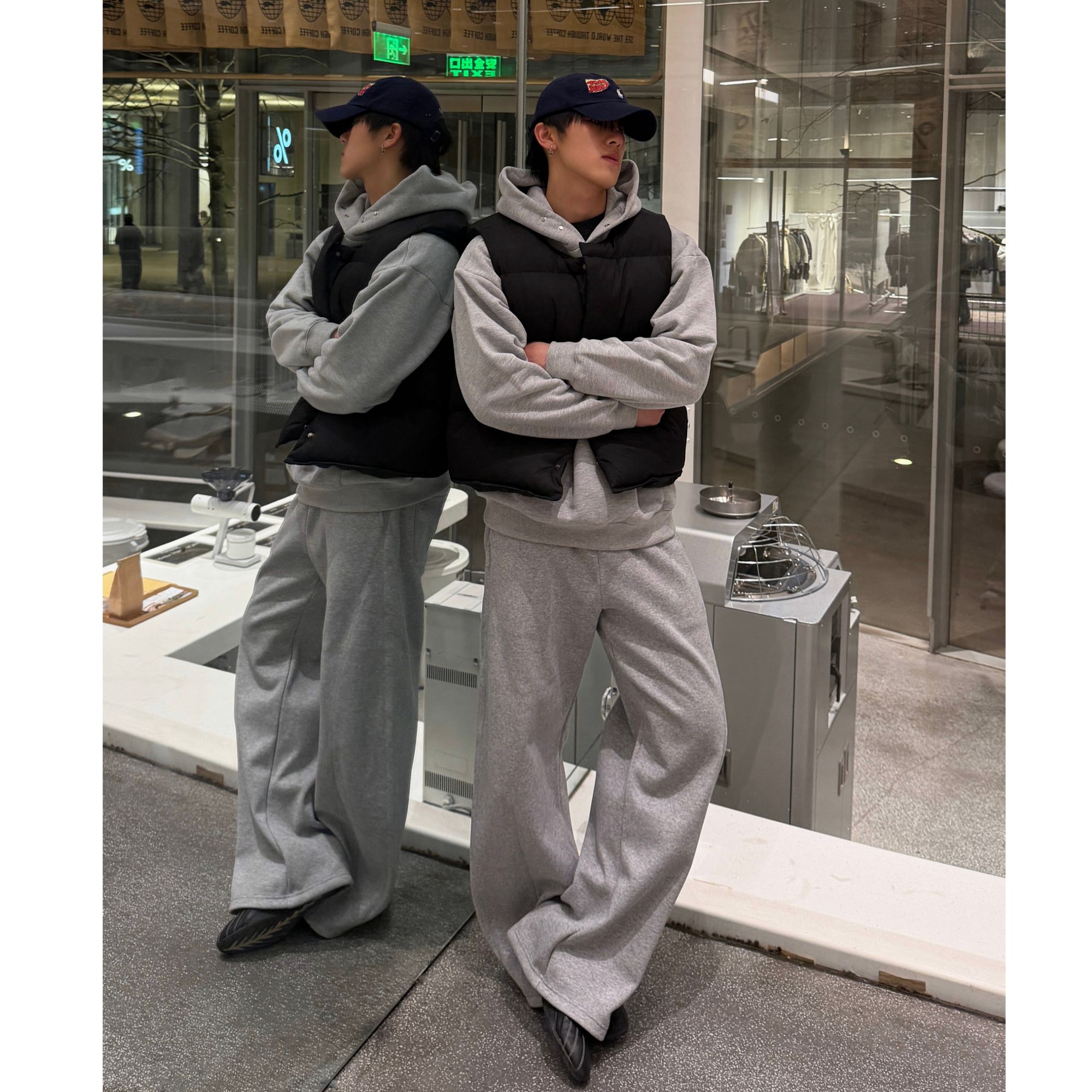 LIUWENDAO加绒全裤开骨拼接灰色卫裤弯刀阔腿长裤男女同款