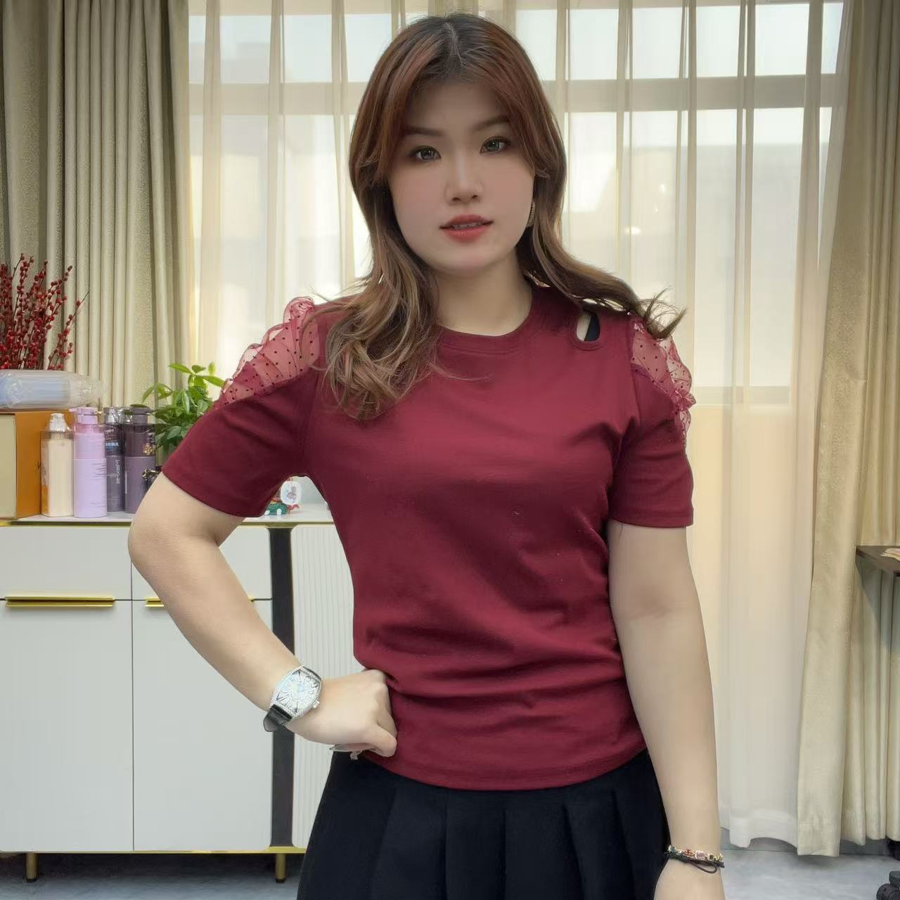 小鑫肝@现货浮力雷劈提花拼接镂空圆领气质百搭T恤 6620