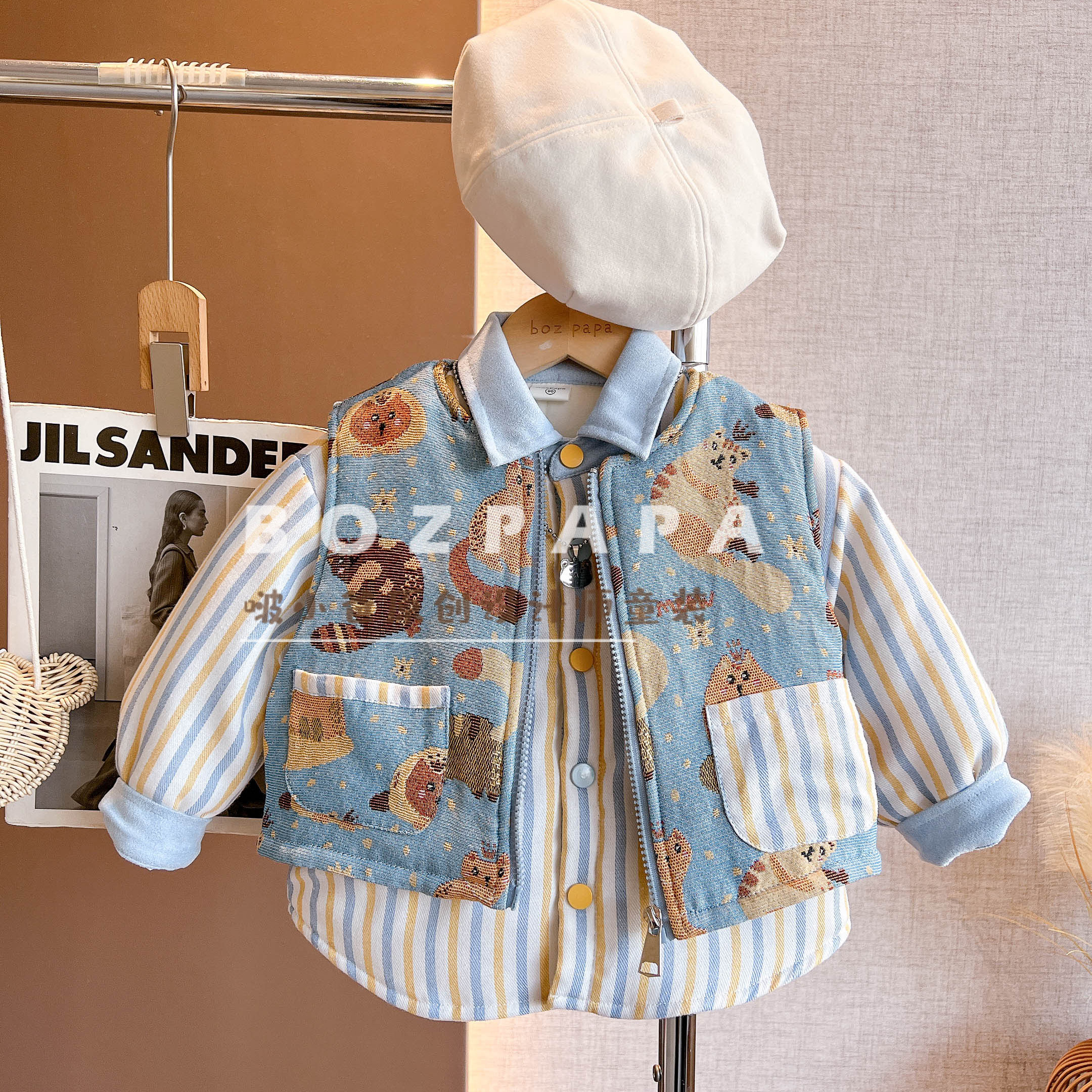 啵小爸【小猫来信】2025冬季新款男童猫咪花样夹棉拉链马甲衬衫套装