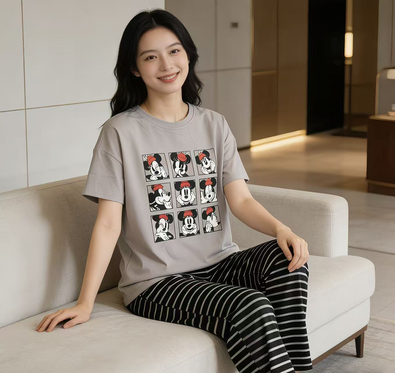 夏季圆领百搭时尚大码休闲可爱印花减龄韩版条纹款短袖长裤可外穿