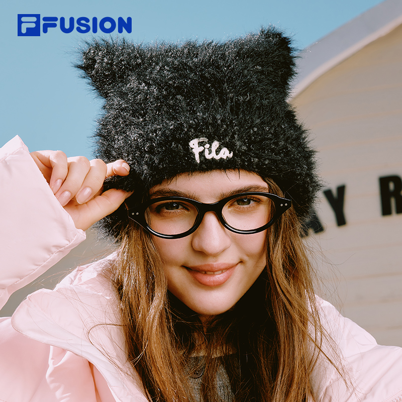 Fila/斐乐秋冬新款毛线帽潮流女帽冬季冷帽休闲可爱猫耳帽针织帽