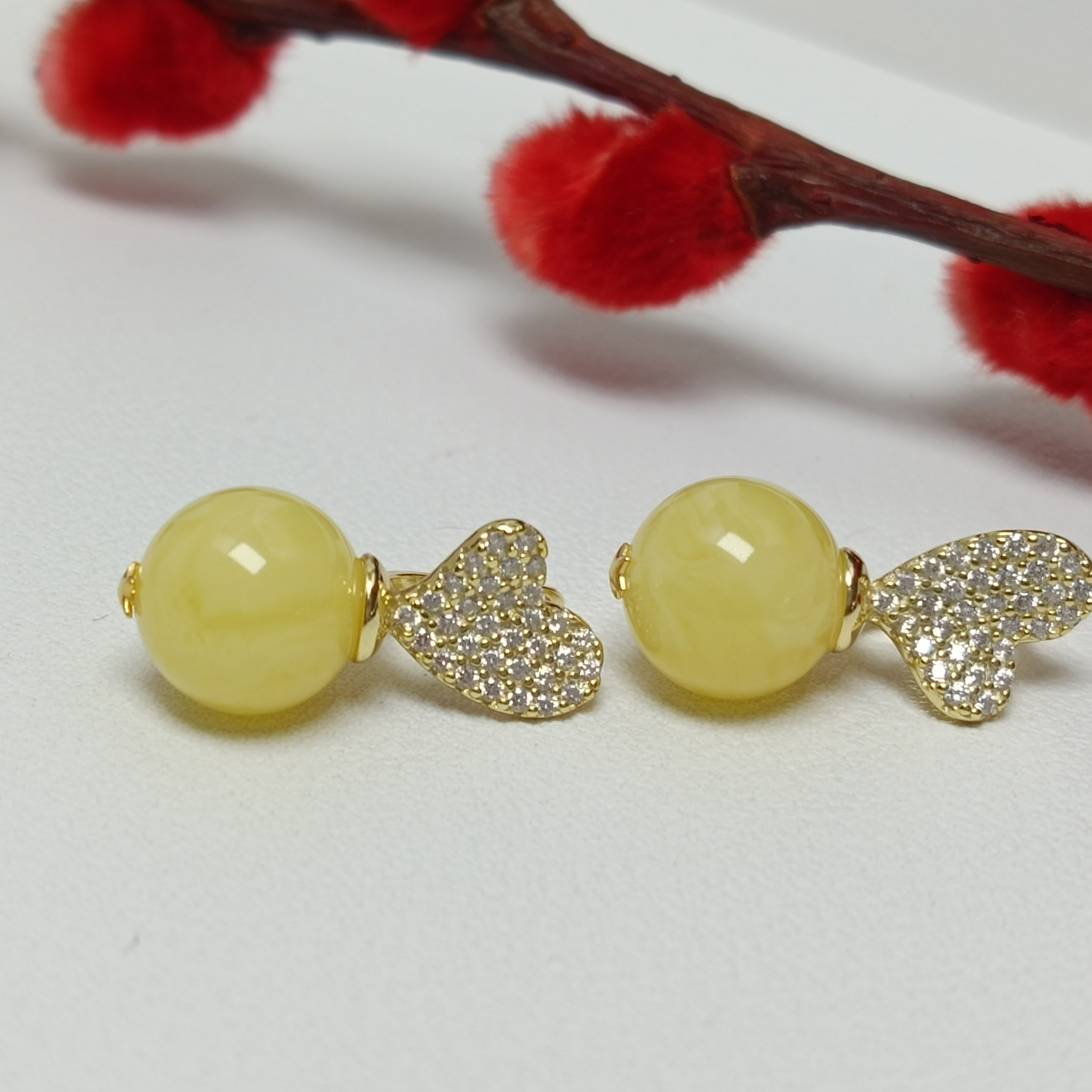 俄料蜜蜡10珠径圆珠镶嵌银饰耳饰~4984