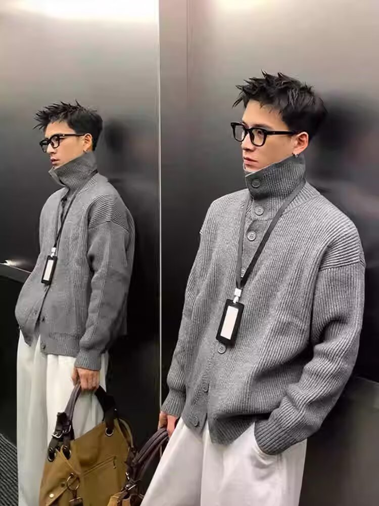 2025秋冬新款开衫毛衣美式复古休闲慵懒风V领针织衫男纯色外套