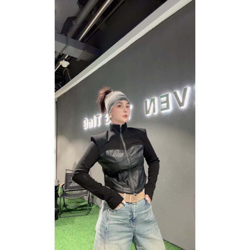 20596:长袖短款有弹力欧美风拼接秋季春季外套气质