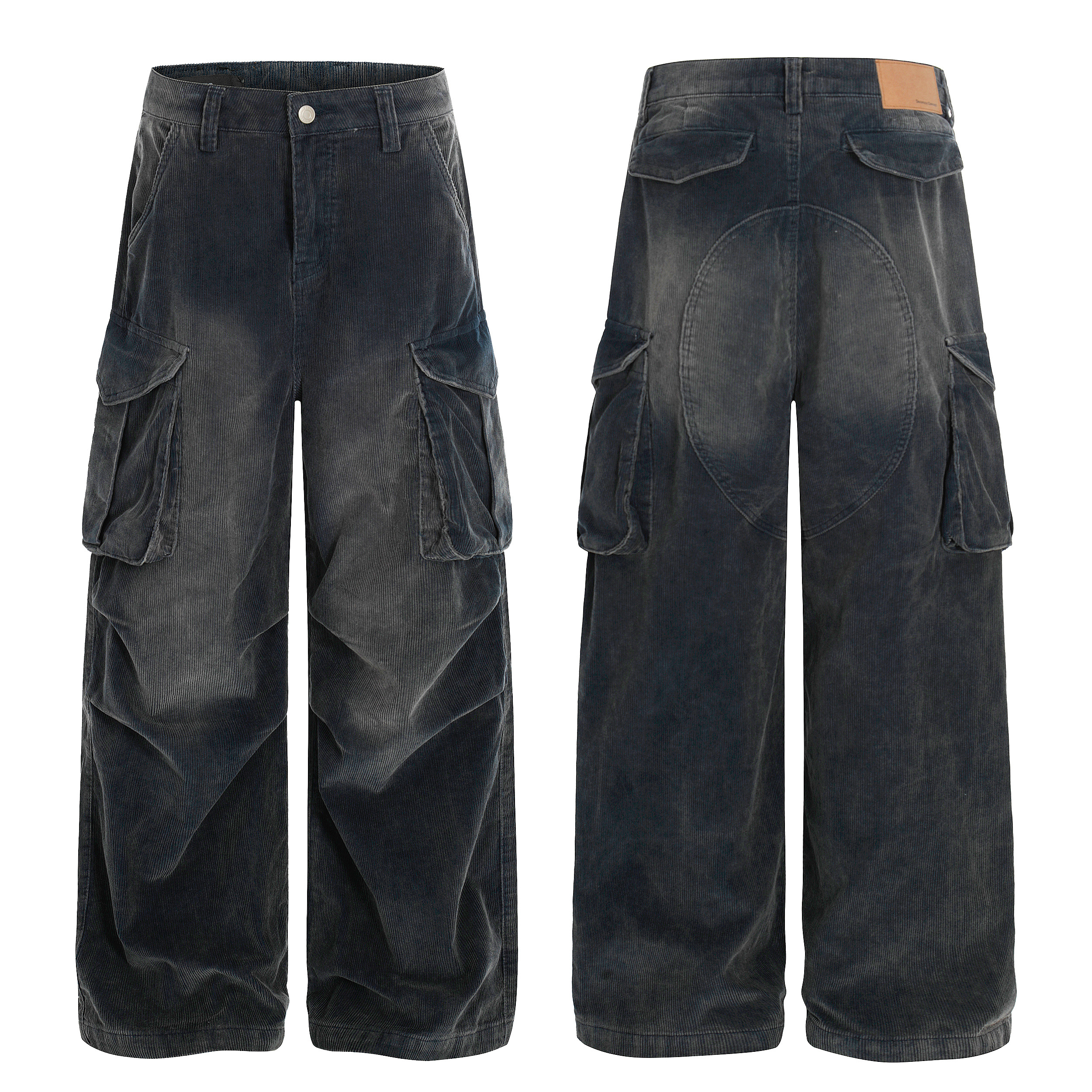 RKAI做旧水洗渐变灯芯绒cargo口袋工装裤宽松直筒裤男女阔腿裤潮