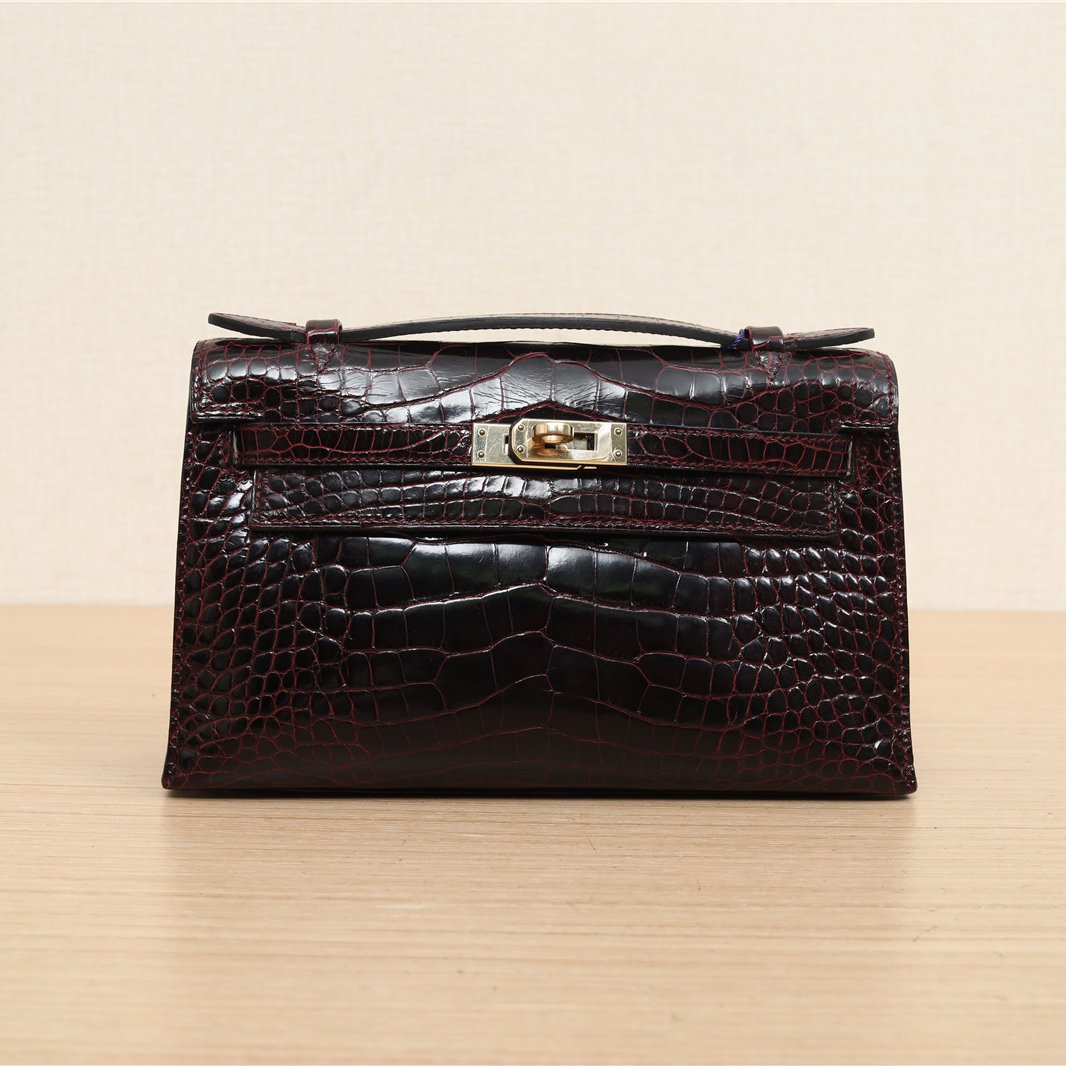 95新 Hermes/爱马仕 小花双双 Mini 一代 波尔多红 鳄鱼皮 T刻包