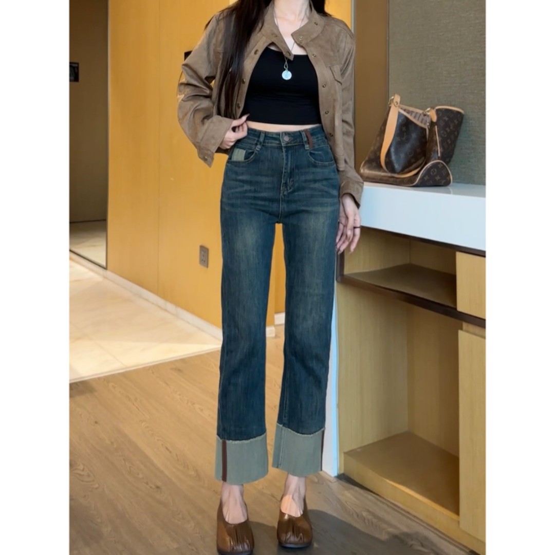 美拉德棕色拼色九分弹力直筒裤2025年冬季新款百搭显瘦直筒裤子