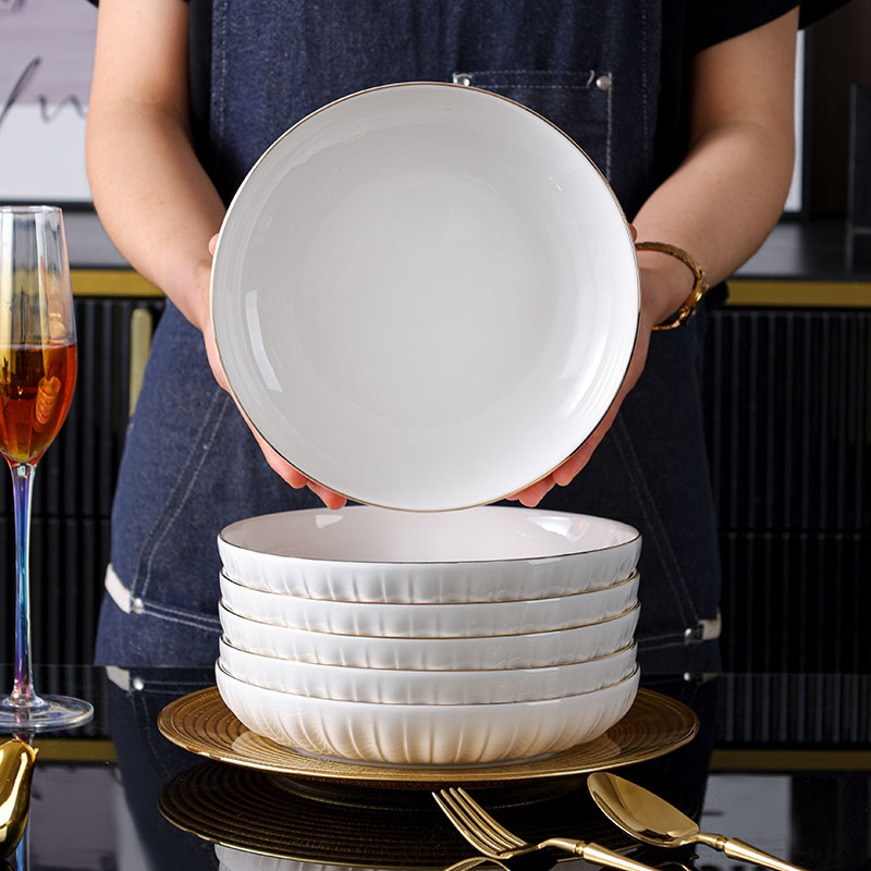 【句途】6个8英寸描金冰川盘子家用圆盘菜盘饭盘白色深盘陶瓷餐具