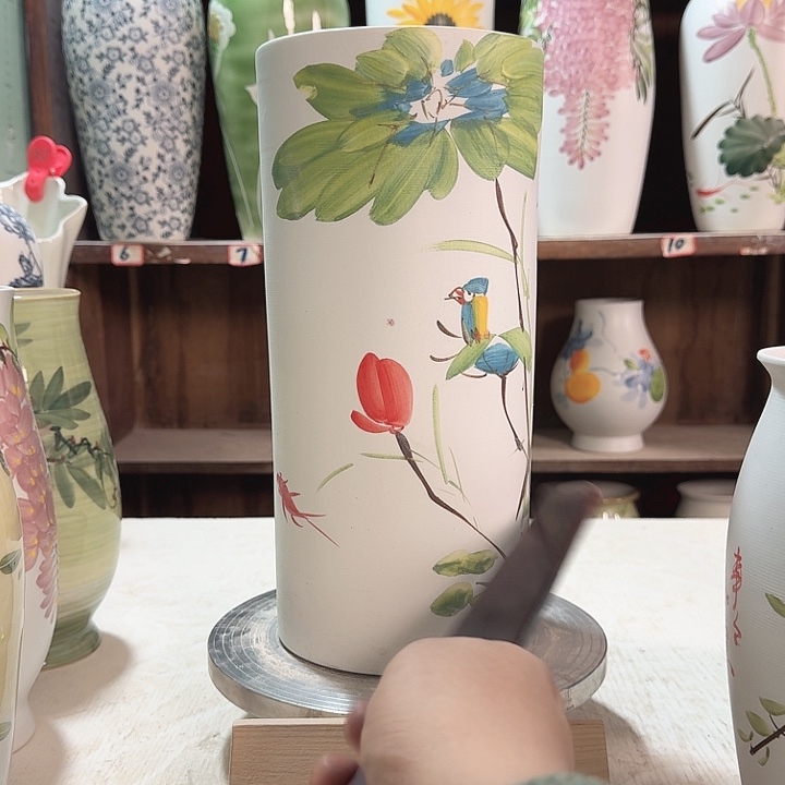 陶直筒高33荷花鸟陶瓷陶瓷陶瓷