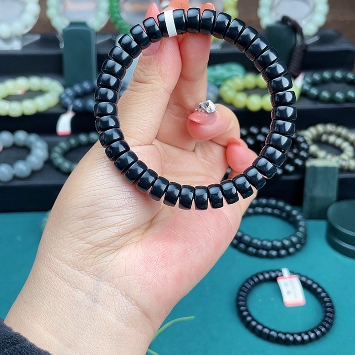 和田玉未镶嵌手链新疆墨玉药片卡9.5