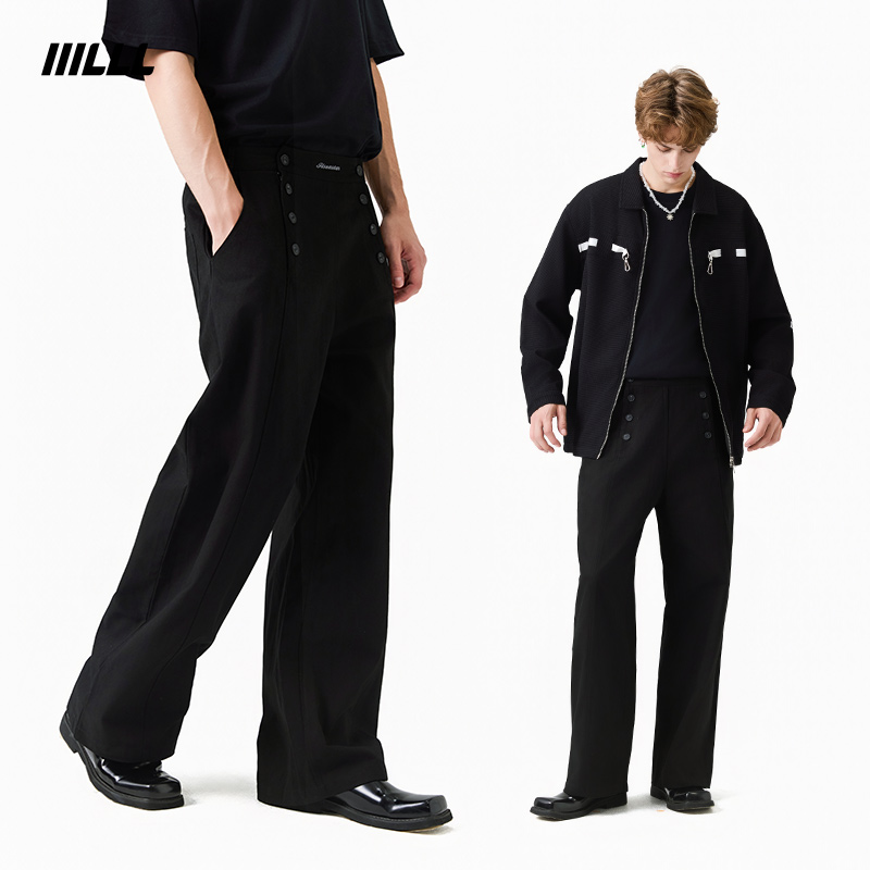 IIILLL童锦程双排扣西装裤男垂感纯棉设计感宽松直筒百搭休闲长裤