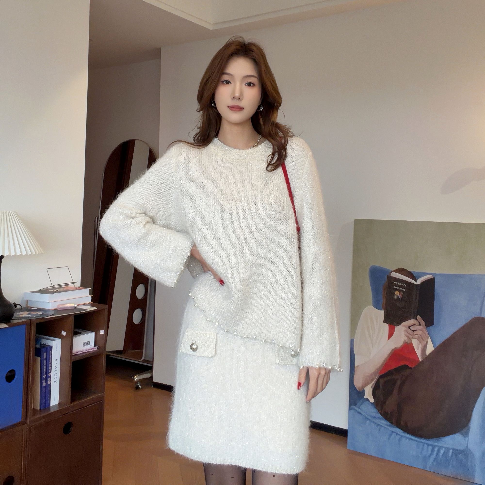 羊毛定制珠片花式纱双面针织圆领套头毛衣5036