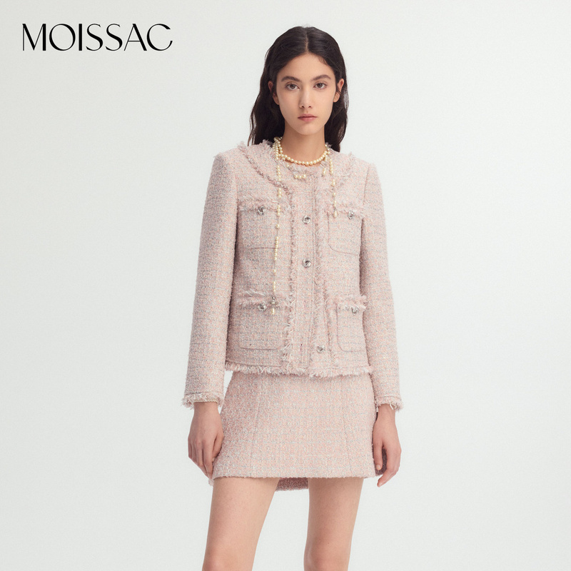 【王雪糕专属】摩萨克新款灰粉色小香风粗花呢流苏棉服短外套女