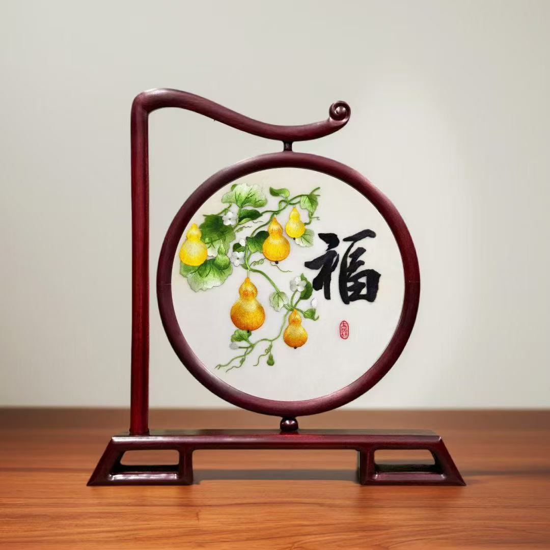 苏绣双面绣花梨木花鸟山水刺绣摆件客厅卧室现代简约轻奢新中式