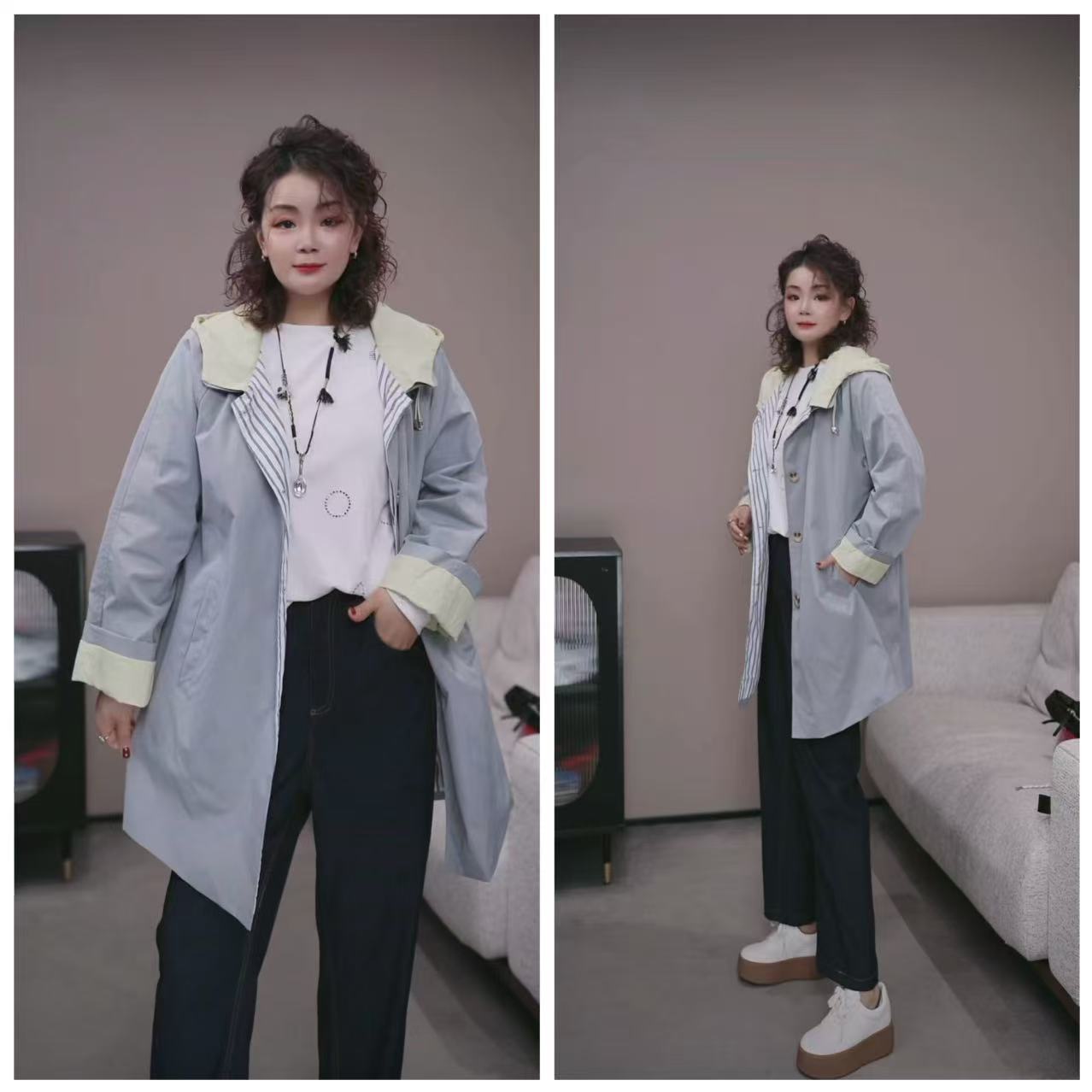 欧货【拼色时髦大气风衣外套】XS 5752【No退换】瑕疵品