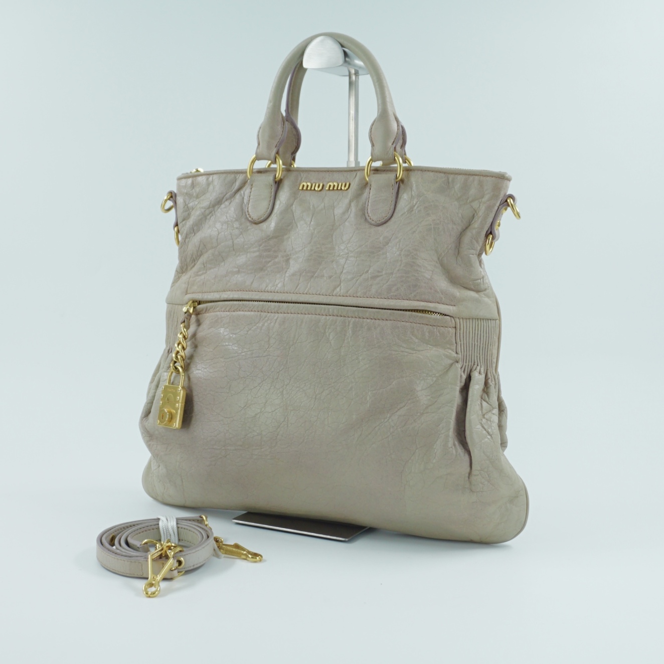 95新 MIU MIU/缪缪 二手浅灰油蜡皮机车单肩包W76618