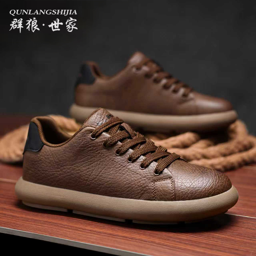【宽鞋楦】群狼世家男鞋冬季加绒保暖男士休闲皮鞋防滑德训复古板鞋