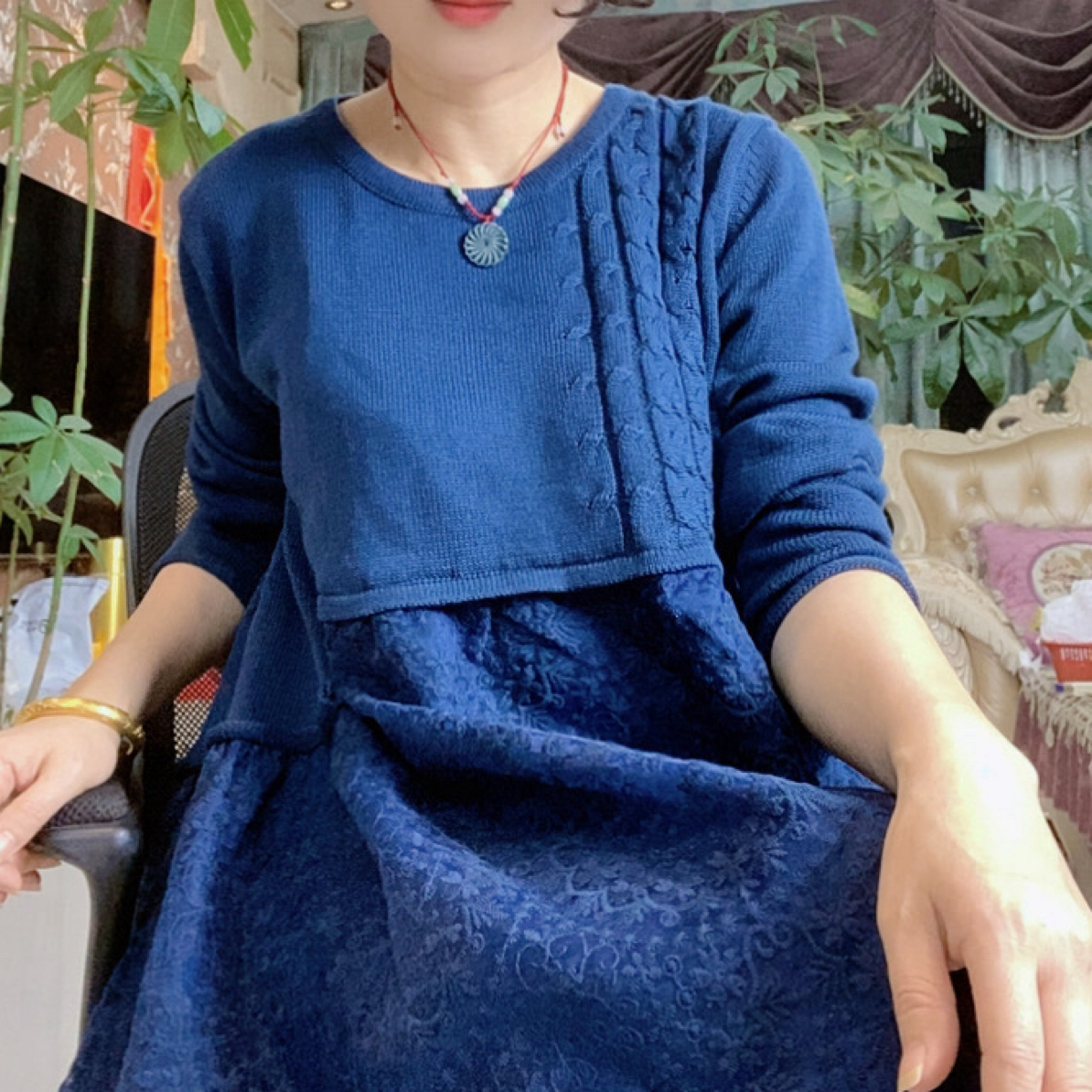 不汐暮然新款9050衣长110重工刺绣拼接宽松连衣裙