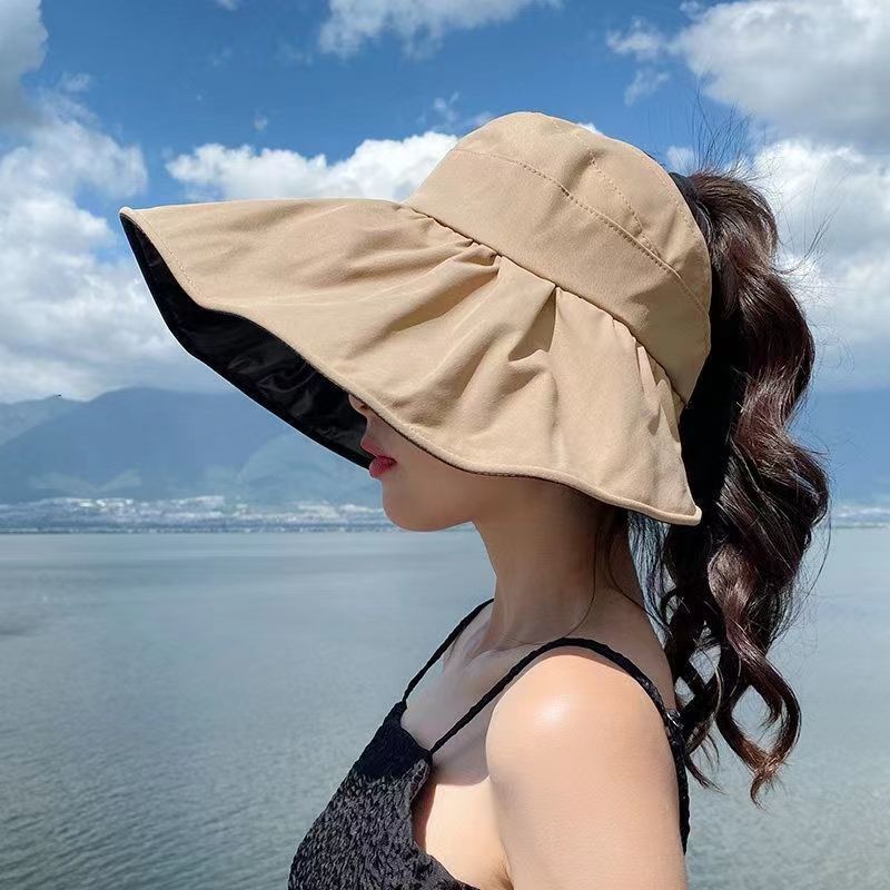 黑胶空顶防晒太阳帽夏季防紫外线遮脸大檐渔夫帽百搭可折叠遮阳帽