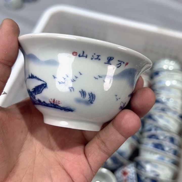 瓷片白万里江山压手杯全品