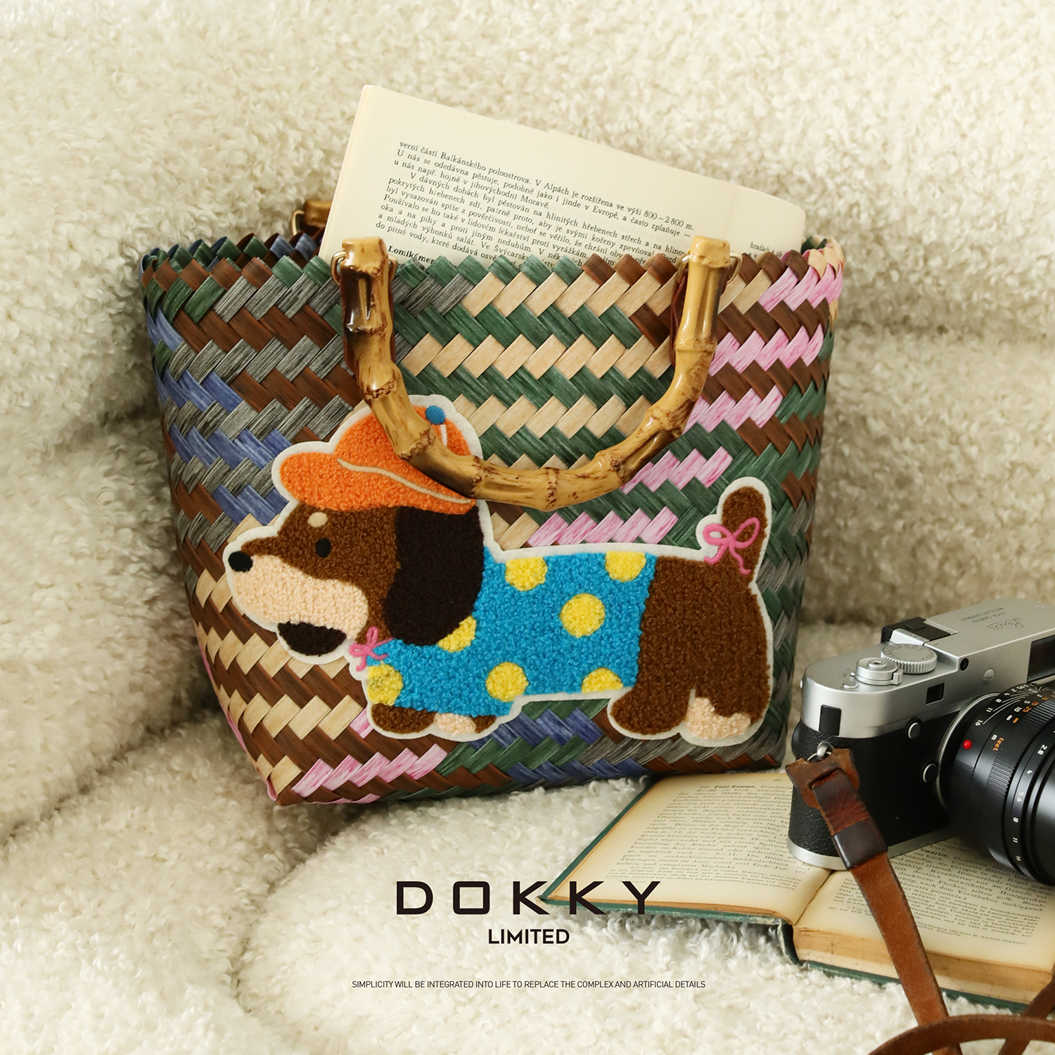 Dokky「查理王小猎犬」手工编织.竹节手把.手提菜篮子托特包LD0193