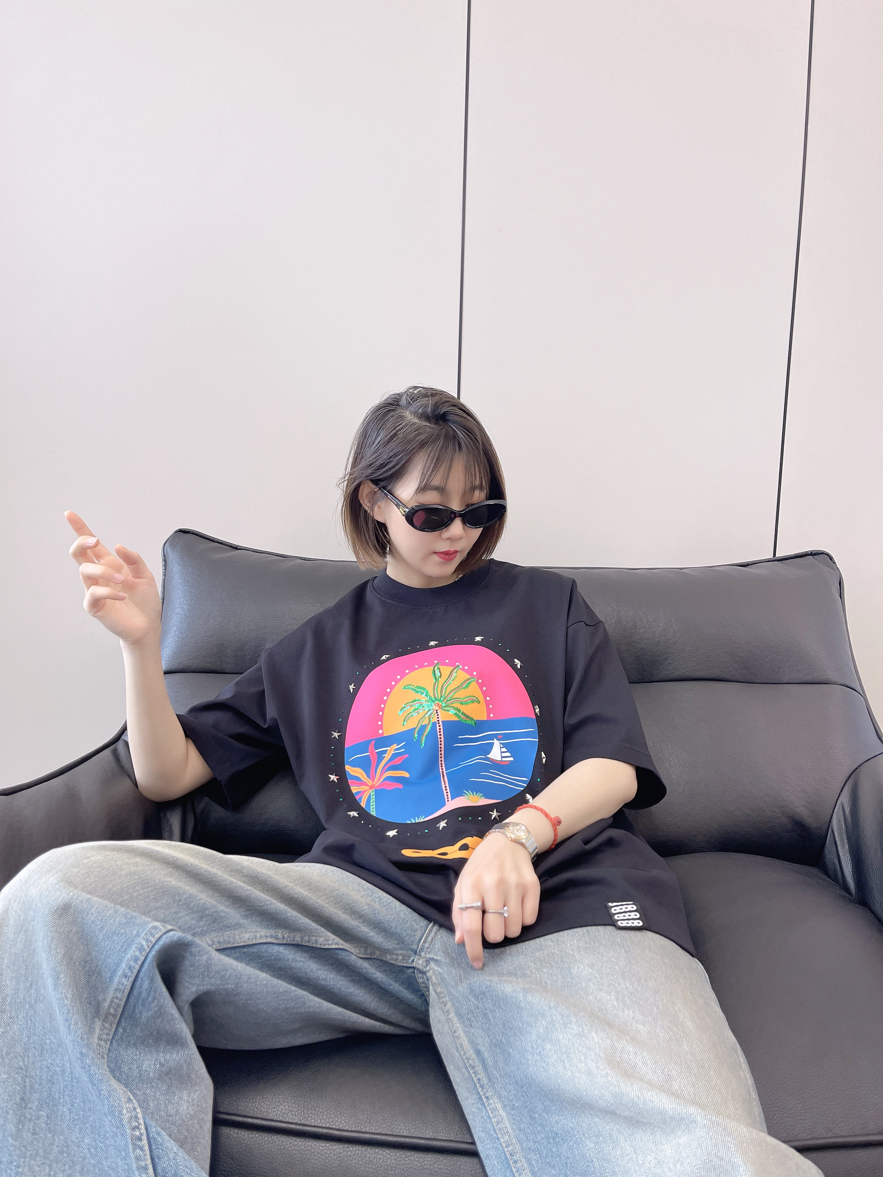 海港轻奢椰树短袖短袖男女同款短袖T