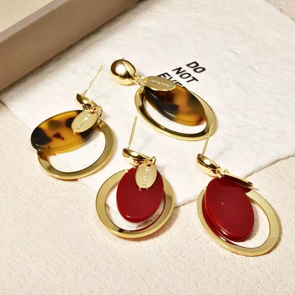 黄铜耳饰 欧美复古豹纹酒红色耳环轻奢高级感时尚气质耳饰