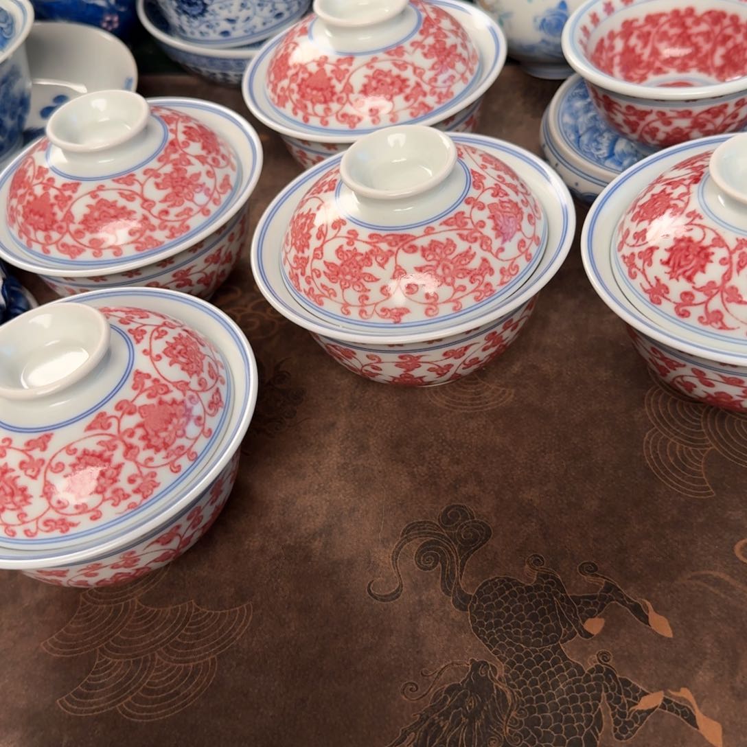 天*纯手工手绘青花瓷茶具五件盖碗