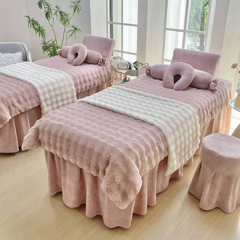 2025高档泡泡美容床罩四件套柔软舒适网红按摩牛奶绒加厚纯色轻奢