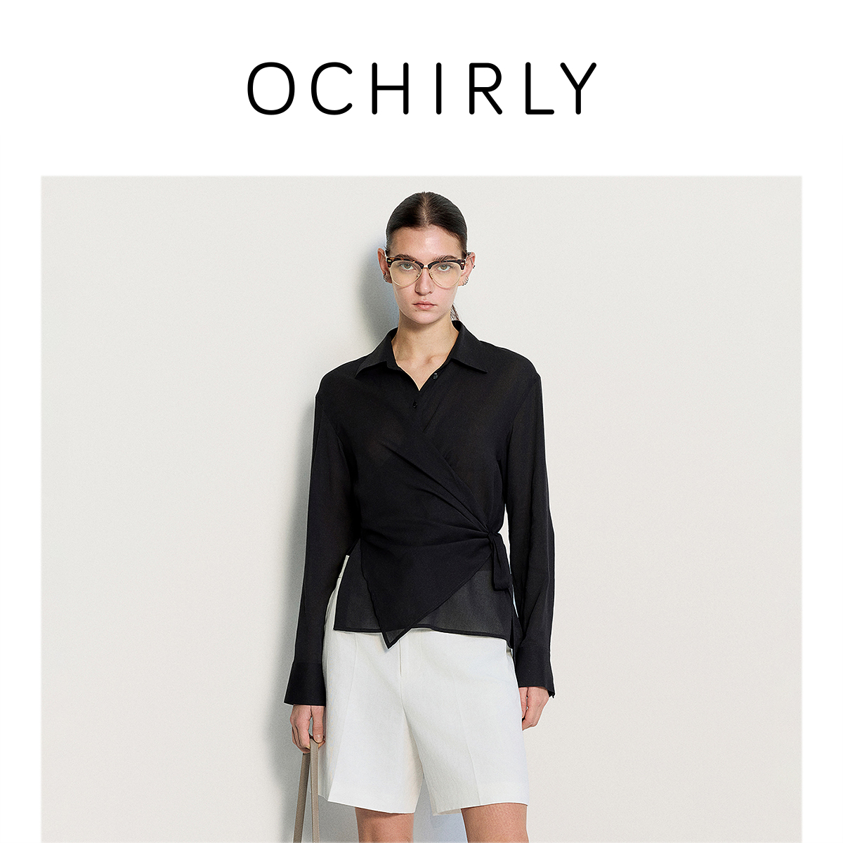 OCHIRLY欧时力 纯棉绑带衬衫女上衣设计感宽松黑色2025夏季新品