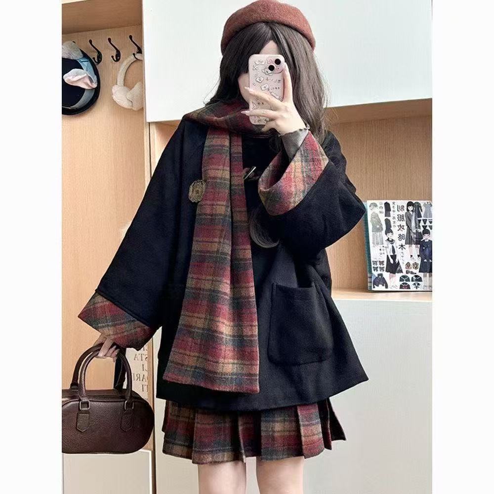 86学院少女JK制服套装冬季毛呢牛角扣外套大衣格子百褶裙套装女