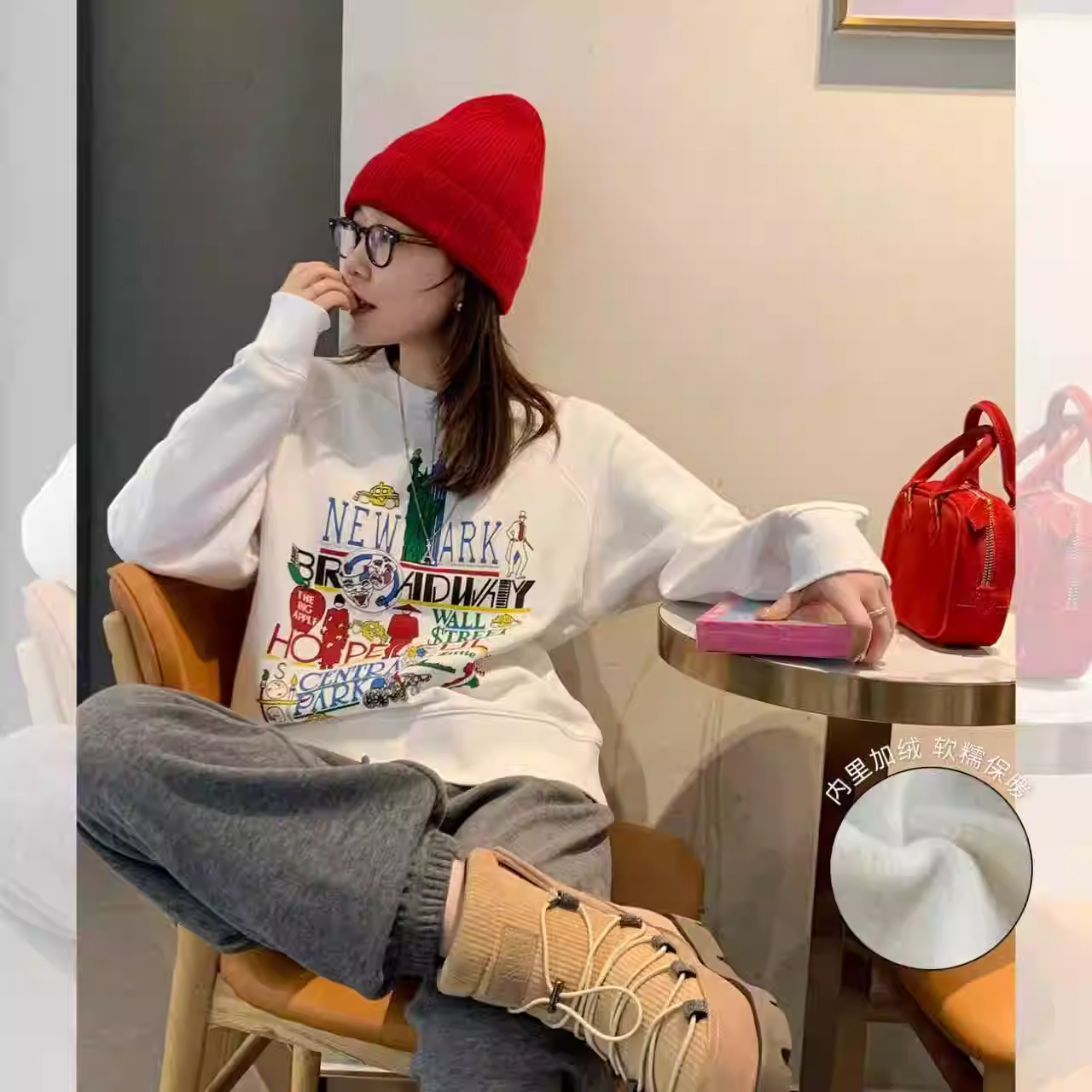 莉贝琳sisy圆领卫衣380g全棉加绒加厚印花百搭上衣女S25410HD04