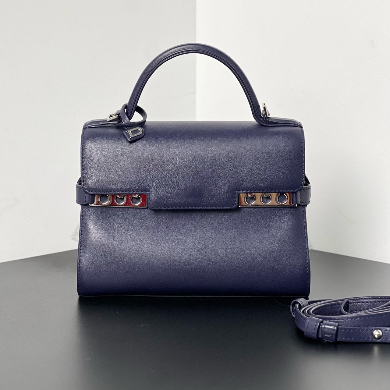 99新 Delvaux/德尔沃 经典Tempete mini 深蓝色手提肩挎两用包 
