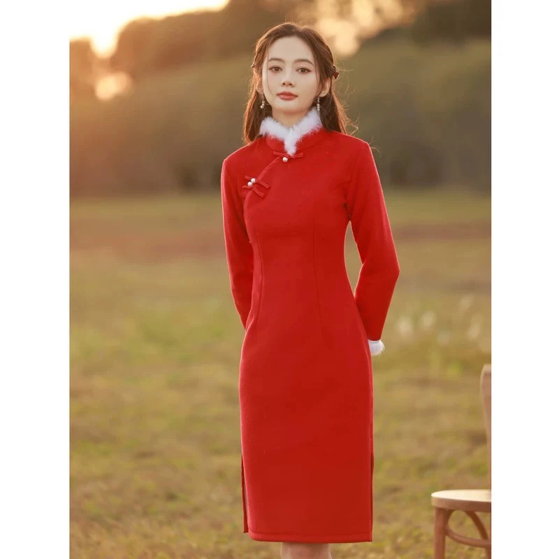 【1963 红红火火 加绒加厚】显瘦气质修身优雅复古中国风旗袍