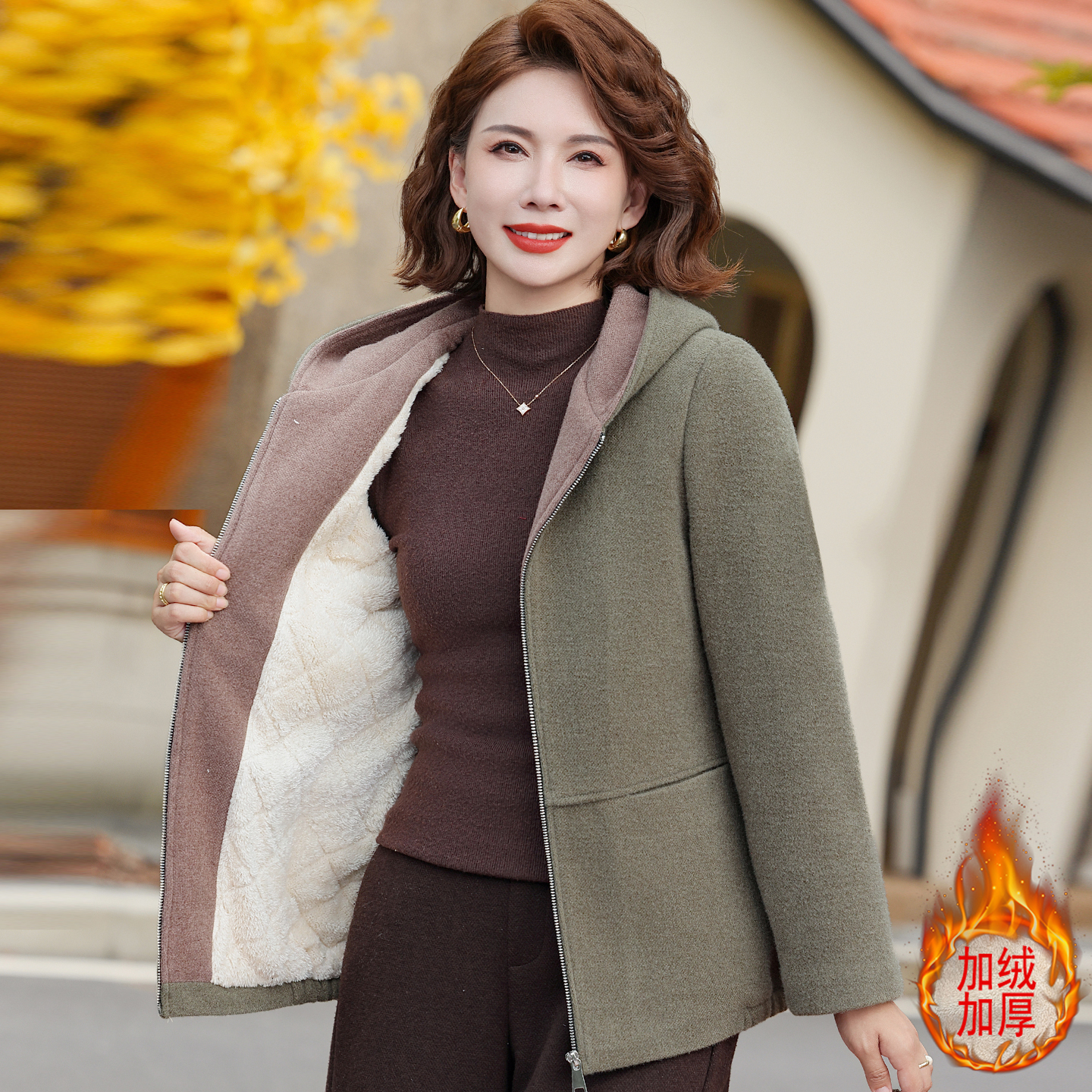 妈妈冬装加绒加厚连帽仿水貂绒毛呢外套中老年女装洋气时尚棉衣服